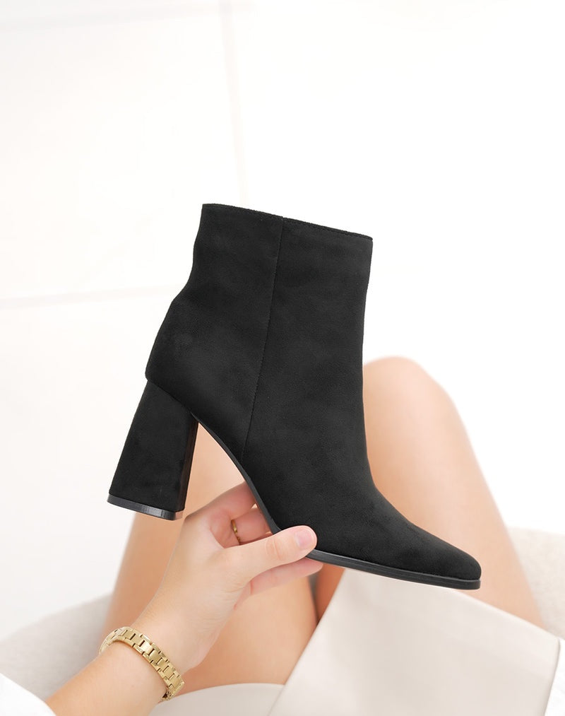 AVA & GRACE VAN™ | Black Suede Ankle Boots with Block Heel and Pointed Toe